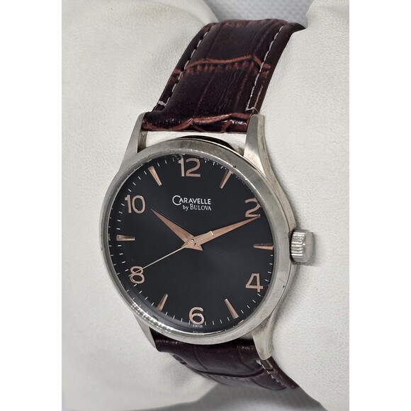 Men's Caravelle New York by Bulova Black Dial Brown Leather Strap Watch 13 - Picture 2 of 9